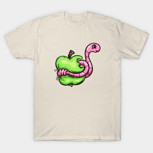 Worm in an Apple Cartoon Character Illustration T-Shirt